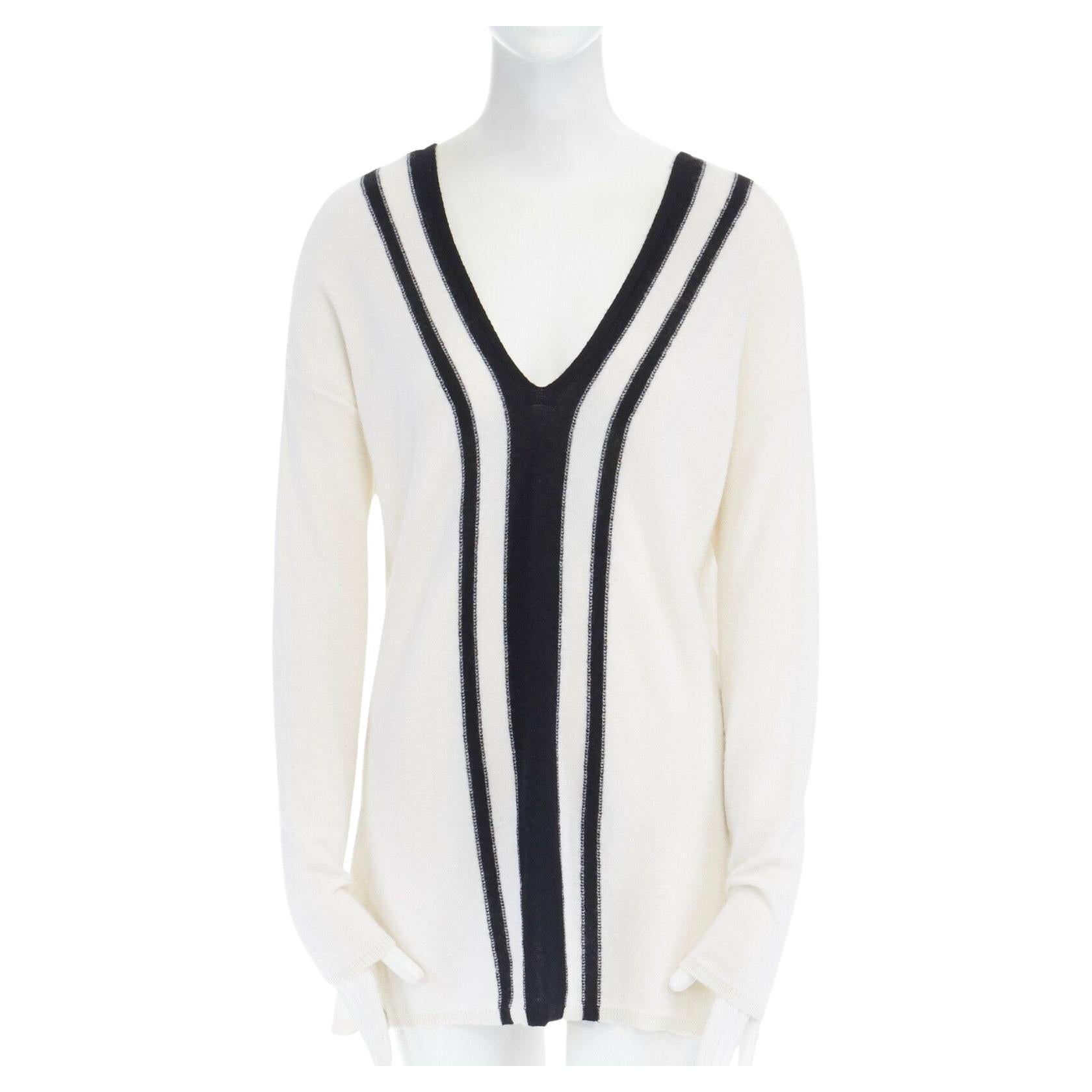 VINCE cashmere cream black striped V-neck varsity sweater top S