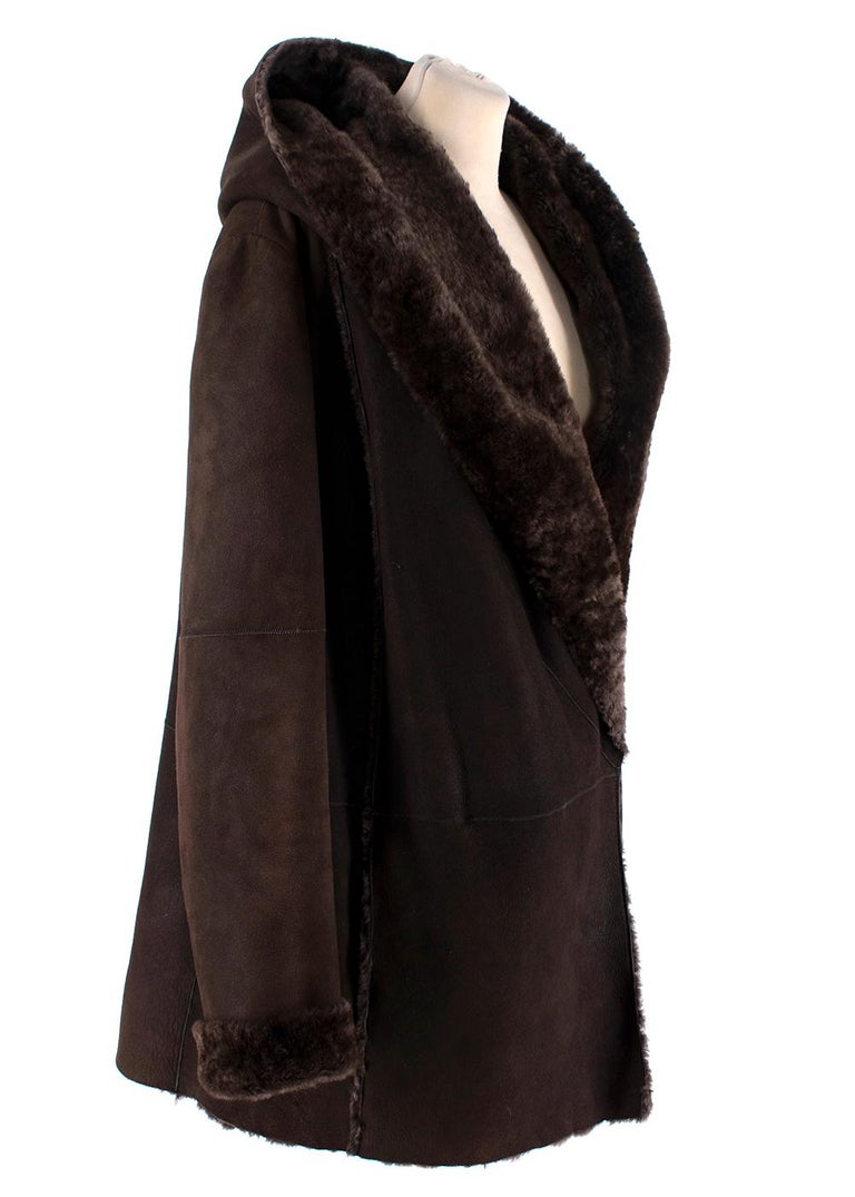 Vince Chocolate Brown Hooded Shearling Coat - US 8 For Sale at 1stDibs