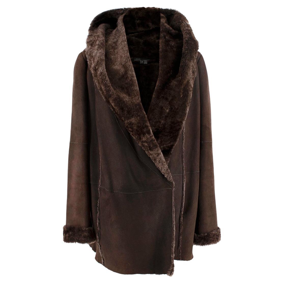 Vince Chocolate Brown Hooded Shearling Coat - US 8 For Sale at 1stDibs