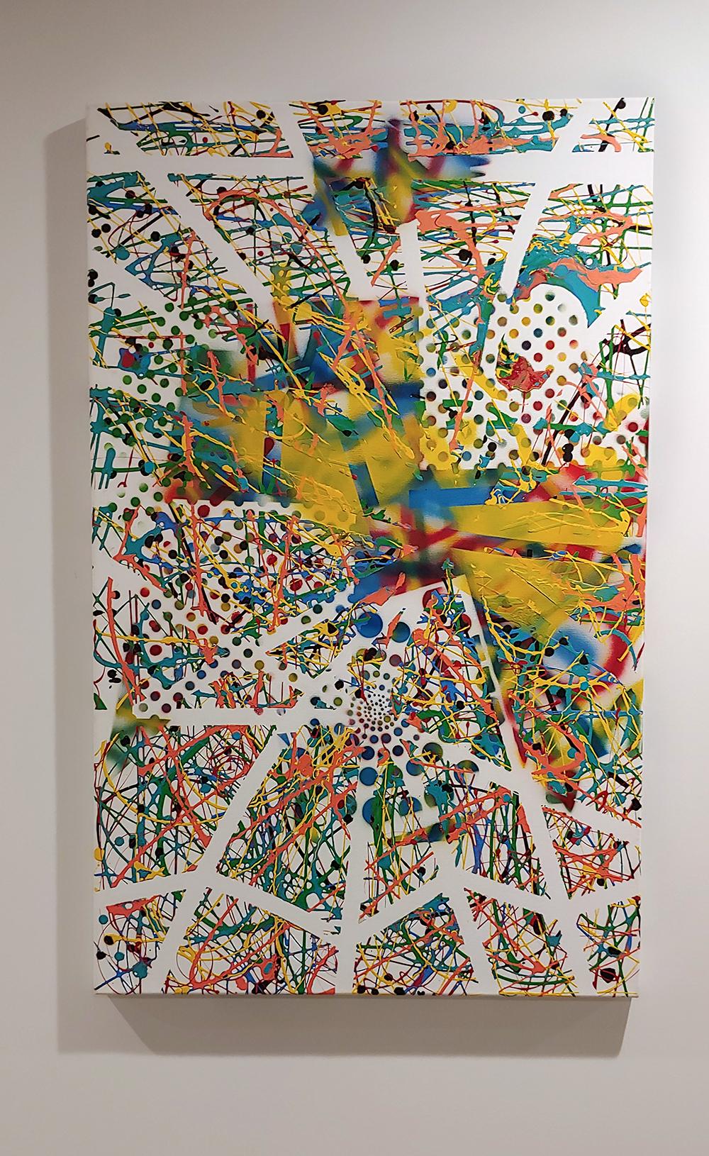 „Layered Web““  Acryl und Sprühfarbe auf Leinwand, 48x30 Zoll
