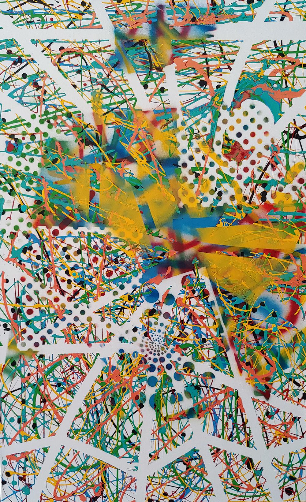 „Layered Web““  Acryl und Sprühfarbe auf Leinwand, 48x30 Zoll",