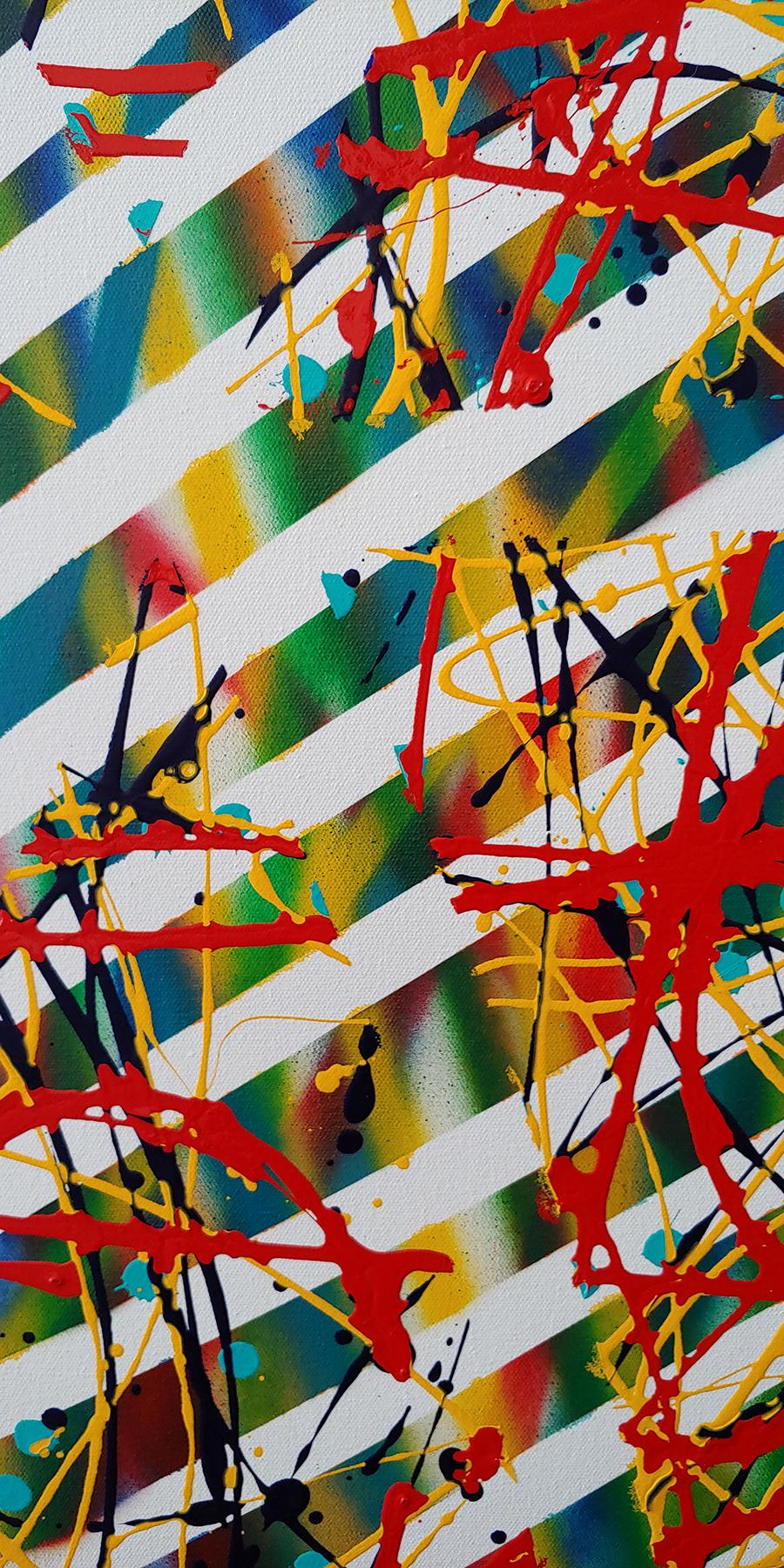 Der Blick wandert über die Oberfläche dieses Gemäldes auf Leinwand von Vince Coyner und studiert die Bewegung und das Zusammenspiel von Punkten, Streifen und getropfter Farbe. Man spürt die Energie, die von diesem Werk ausgeht, und man spürt die