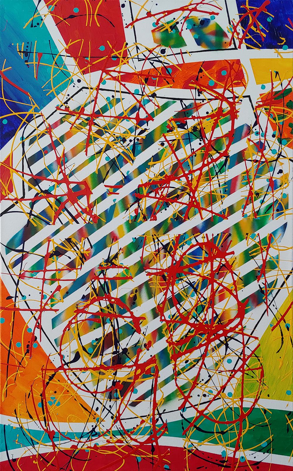 Vince Coyner Abstract Painting – „Look Left“ 48x30 Zoll Acryl und Sprühfarbe auf Leinwand,