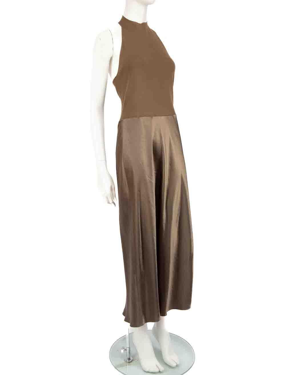 CONDITION is Very good. Minimal wear to dress is evident. Minimal discoloured mark to rear of skirt on this used Vince designer resale item.
 
 
 
 Details
 
 
 Khaki
 
 Synthetic
 
 Dress
 
 Halterneck
 
 Back neck clasp fastening
 
 Maxi
 
