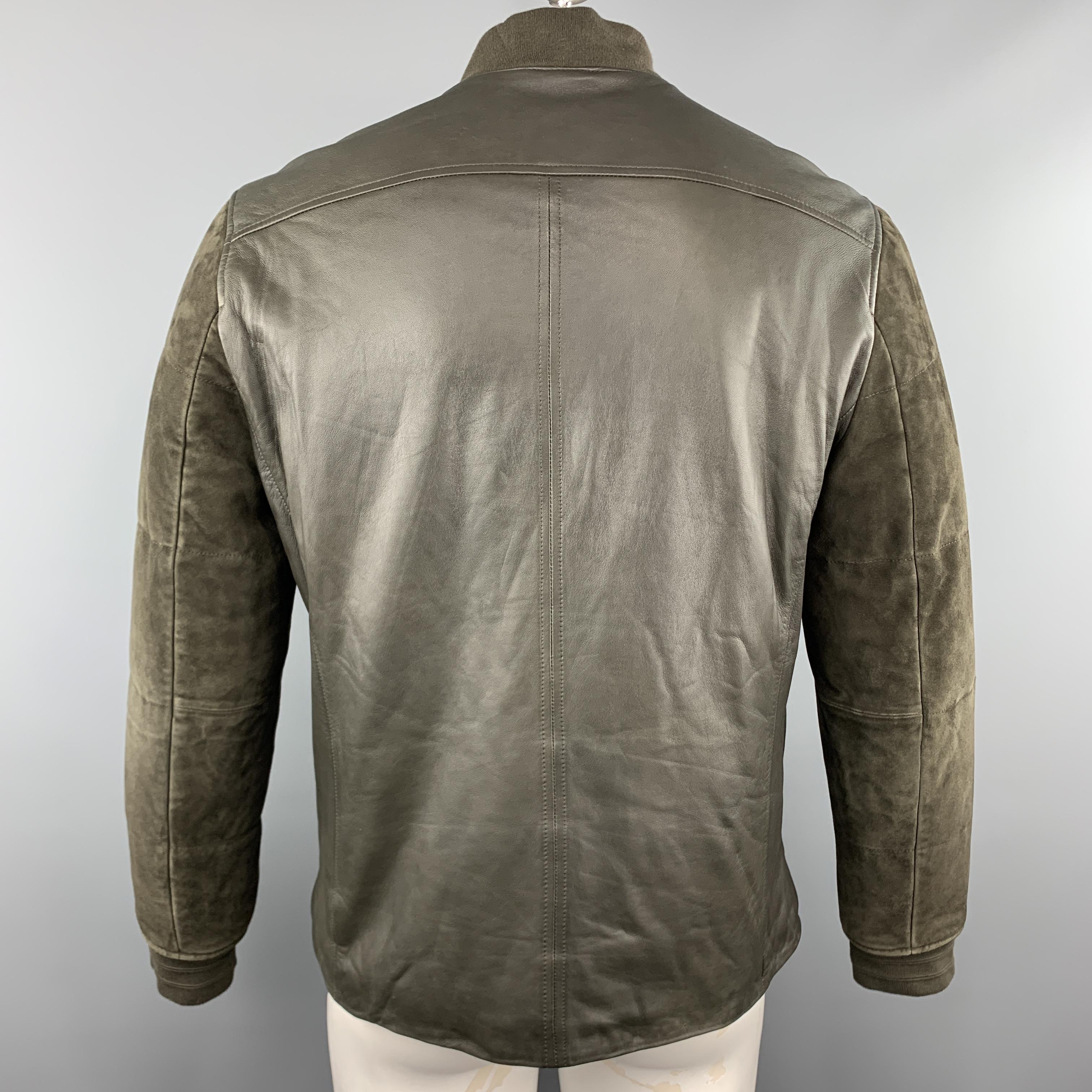 Gray VINCE L Olive Leather Quilted Suede Sleeve Bomber Jacket
