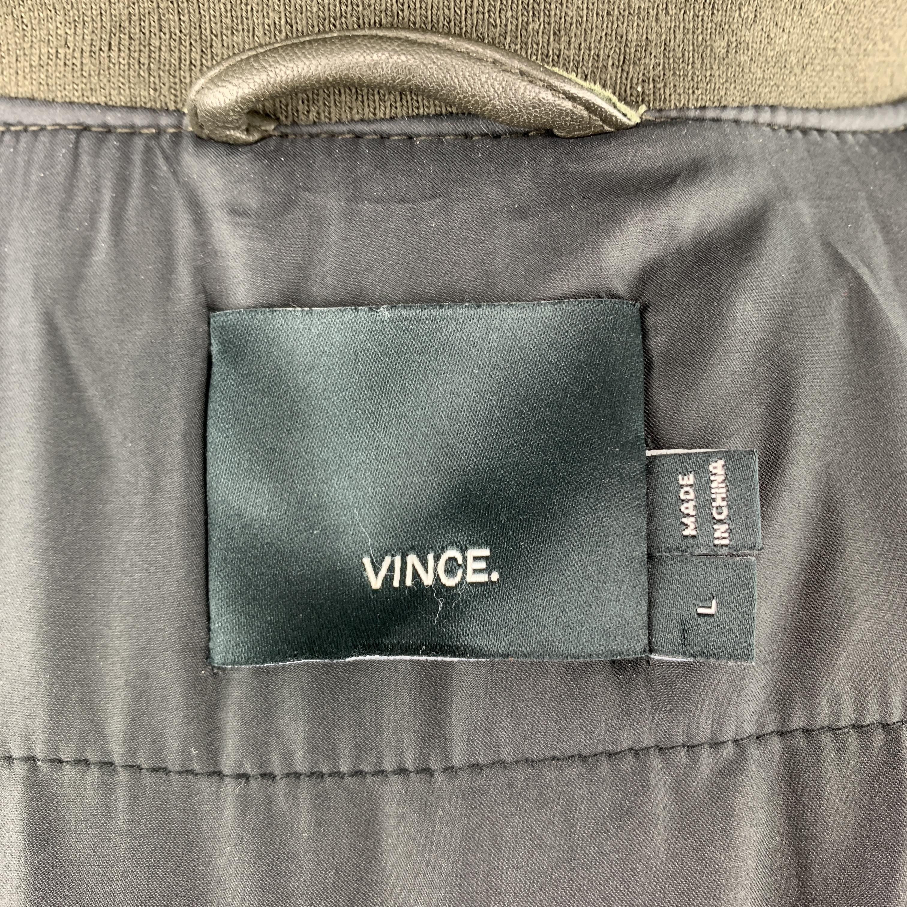VINCE L Olive Leather Quilted Suede Sleeve Bomber Jacket In Excellent Condition In San Francisco, CA