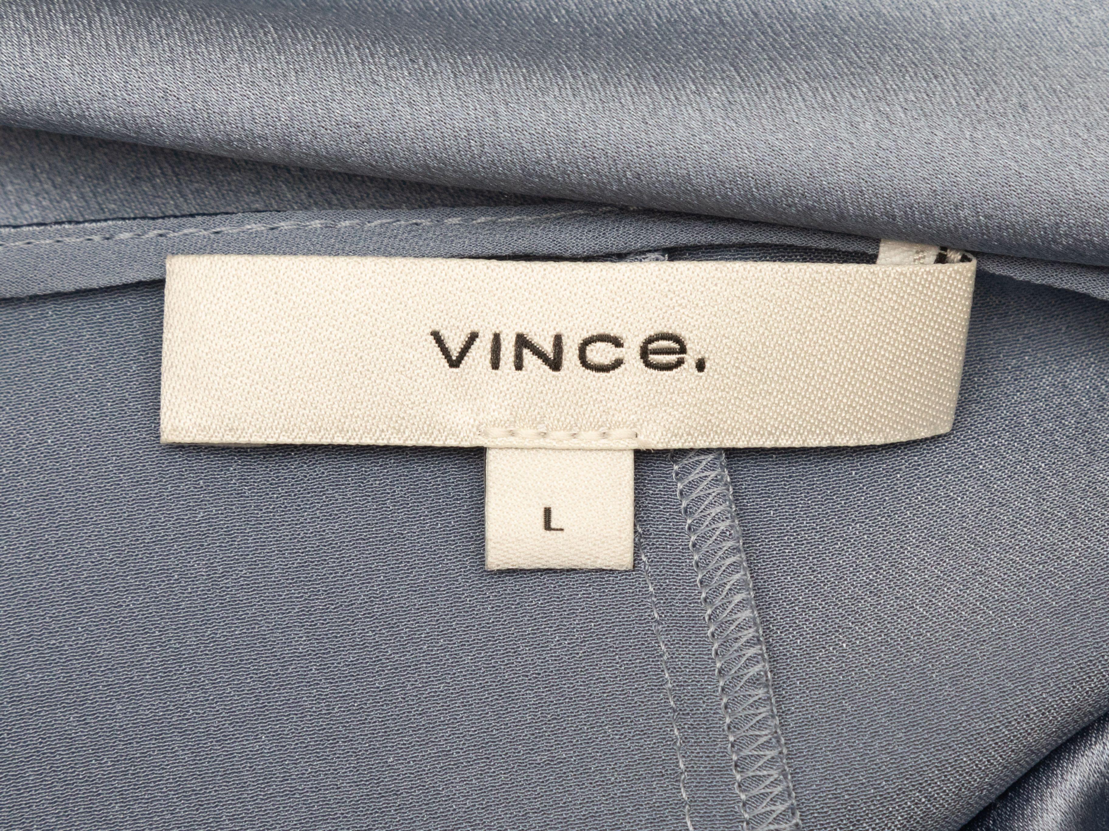 Product Details: Light blue silk sleeveless midi shift dress by Vince. V-neckline. 40