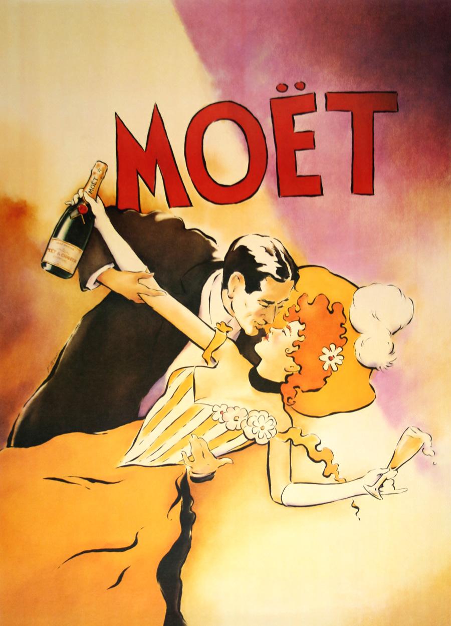 This romantic poster recalls imagery from the Belle Époque era and promotes Moët Champagne, which has a 270 year history. Moët & Chandon , is a French fine winery and co-owner of the luxury goods company LVMH Moët Hennessy Louis Vuitton SE. Moët et