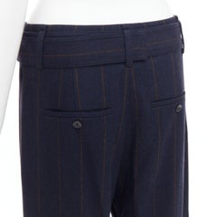 VINCE navy brown wool blend pinstripe belted wide leg trousers US6 M