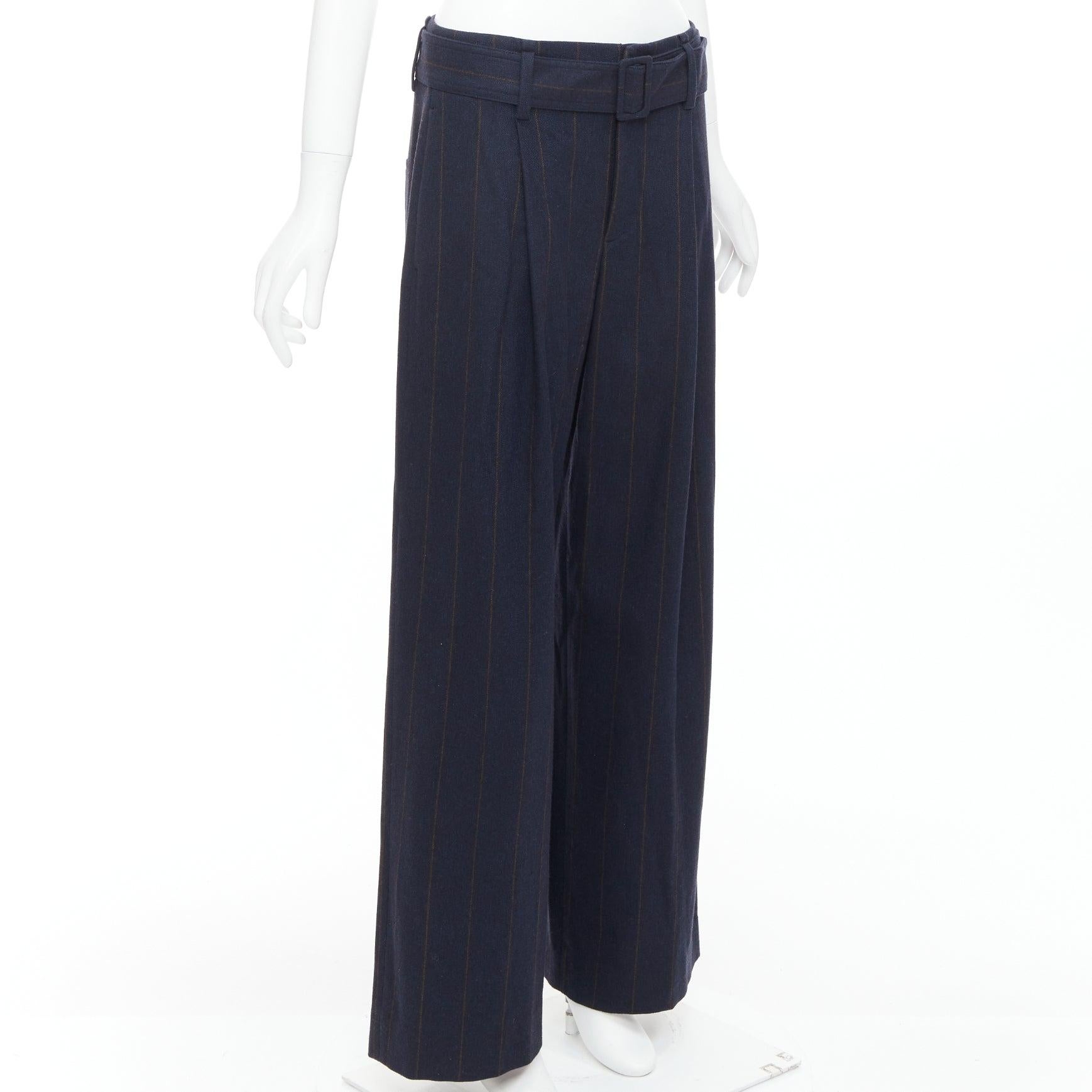 Black VINCE navy brown wool blend pinstripe belted wide leg trousers US6 M For Sale