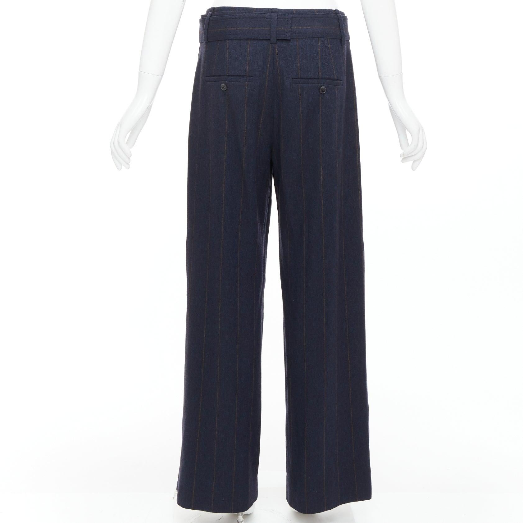 Women's VINCE navy brown wool blend pinstripe belted wide leg trousers US6 M For Sale
