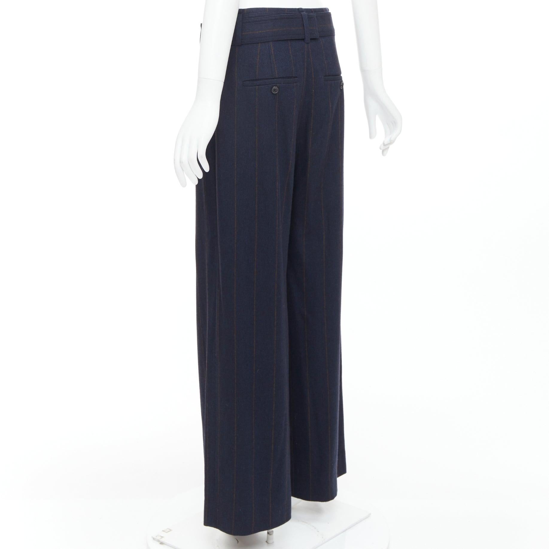 VINCE navy brown wool blend pinstripe belted wide leg trousers US6 M For Sale 1