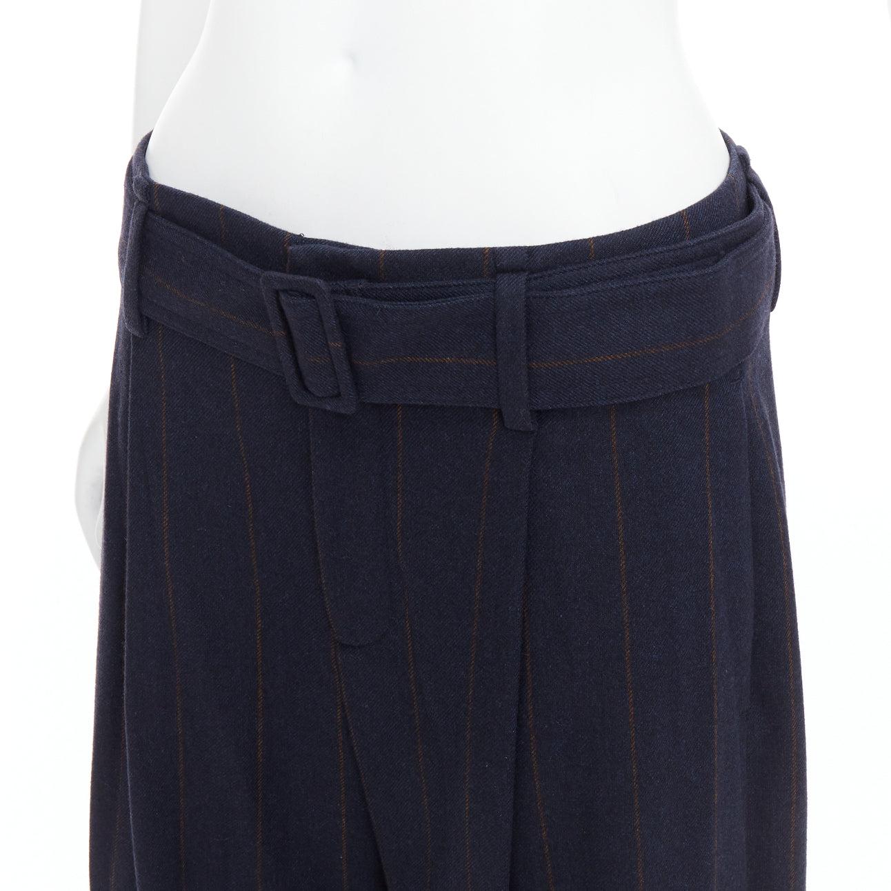 VINCE navy brown wool blend pinstripe belted wide leg trousers US6 M For Sale 2