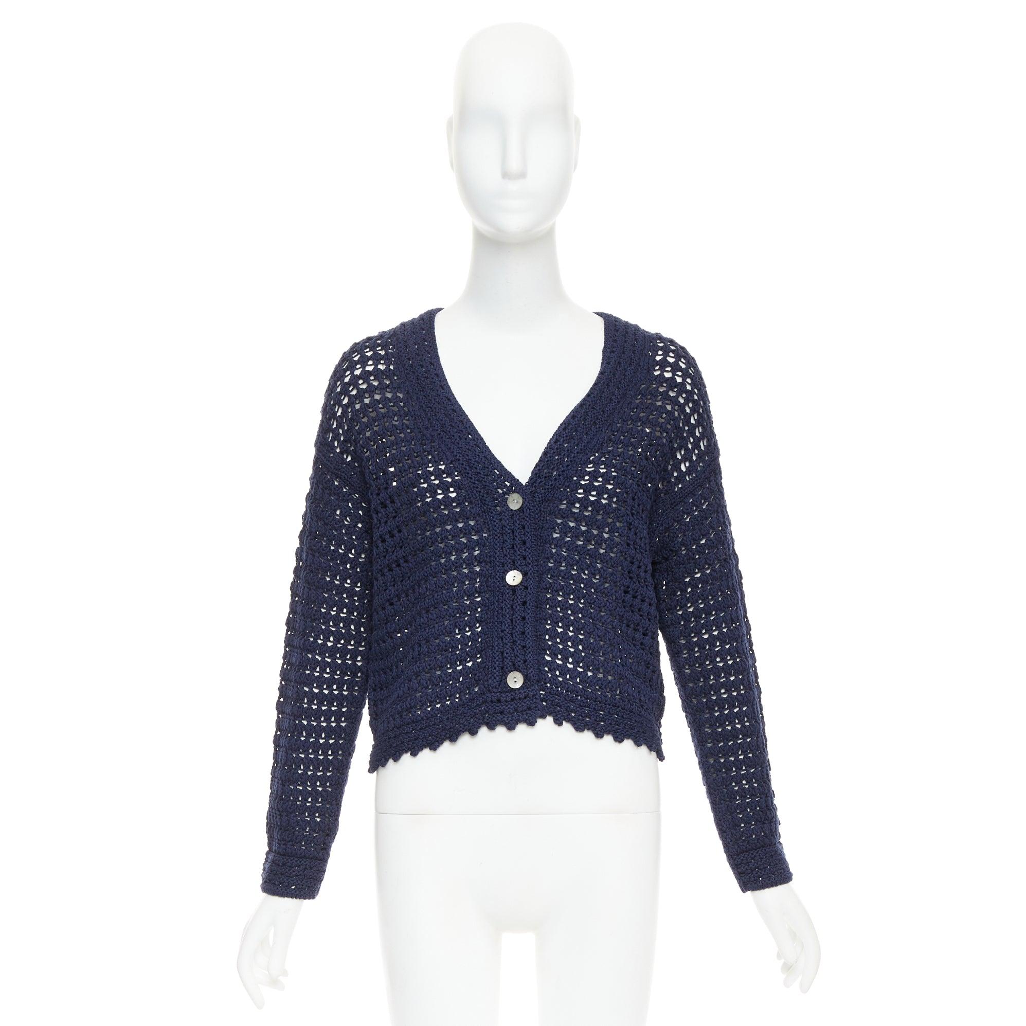 Cardigan croisé en coton bio de VINCE, marine, à maille ouverte et festonnée S en vente 5