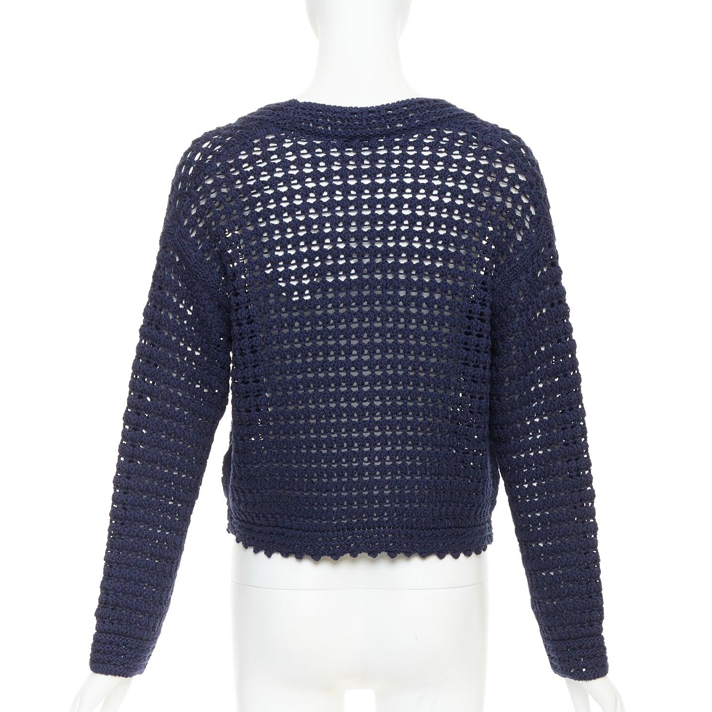Cardigan croisé en coton bio de VINCE, marine, à maille ouverte et festonnée S en vente 1