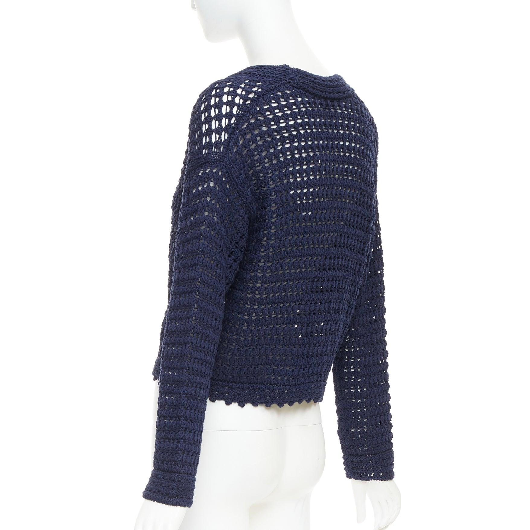 Cardigan croisé en coton bio de VINCE, marine, à maille ouverte et festonnée S en vente 2