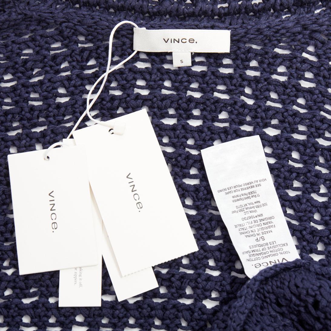 Cardigan croisé en coton bio de VINCE, marine, à maille ouverte et festonnée S en vente 4
