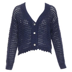 VINCE - Cardigan smerlato in cotone organico navy con lavorazione all'uncinetto S