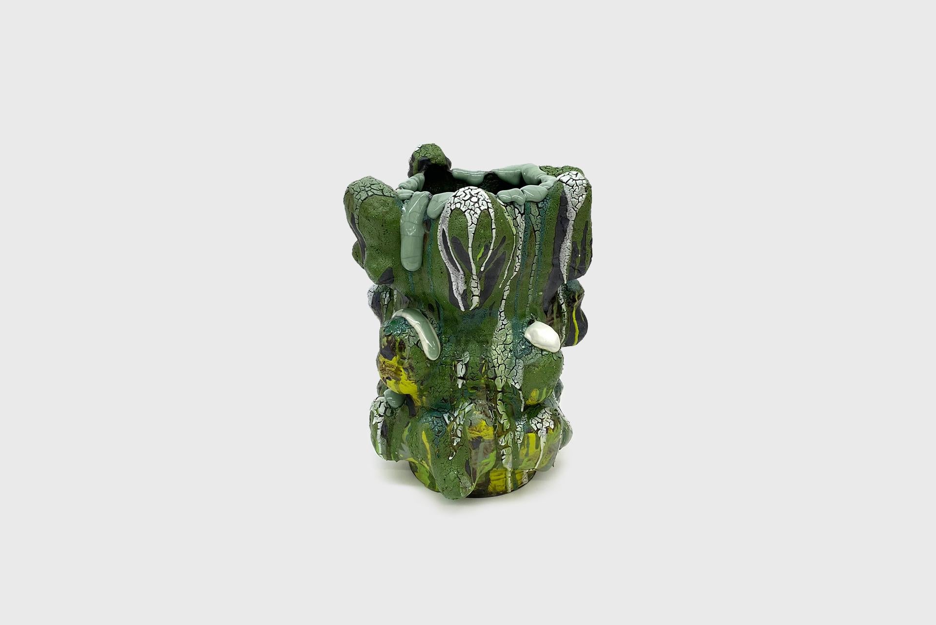 Hand-Crafted Vince Palacios Ceramic Vase Green with Green Lip Contemporary American Clay Art