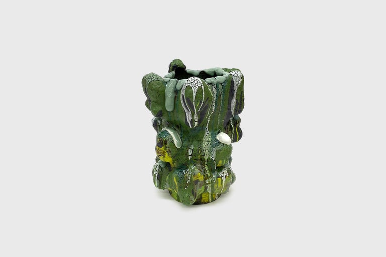 Hand-Crafted Vince Palacios Ceramic Vase Green with Green Lip Contemporary American Clay Art For Sale