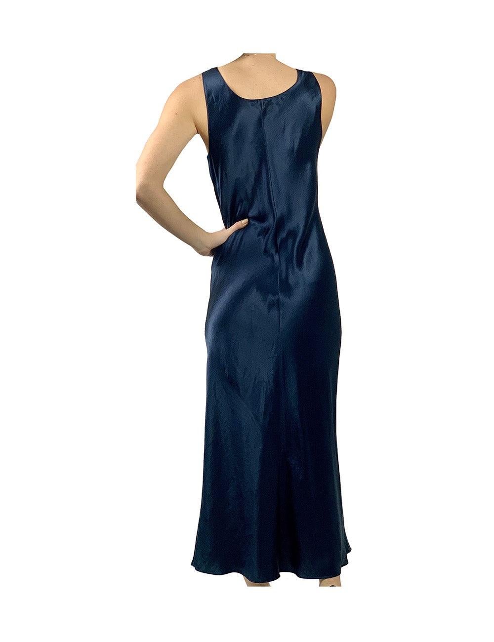 Vince Navy Satin Maxi Slip Dress. Perfect for spring and summer.

Additional information:
Features: Back Zipper
Size: Small
Overall Condition: Gently Loved