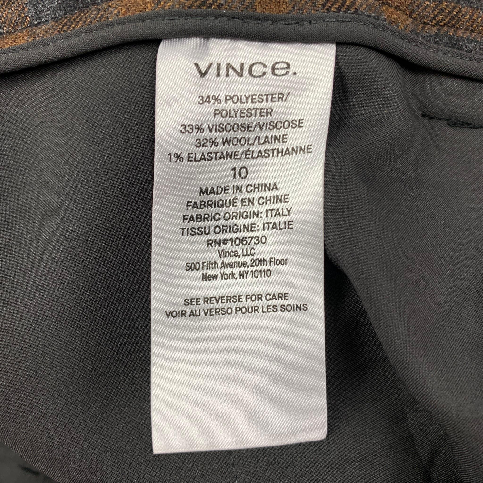 VINCE Size 10 Grey Brown Plaid Polyester Blend Belted Dress Pants In Good Condition In San Francisco, CA