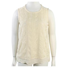 VINCE Top casual senza maniche taglia L, color crema, in nylon, con ricami geometrici e bordi grezzi