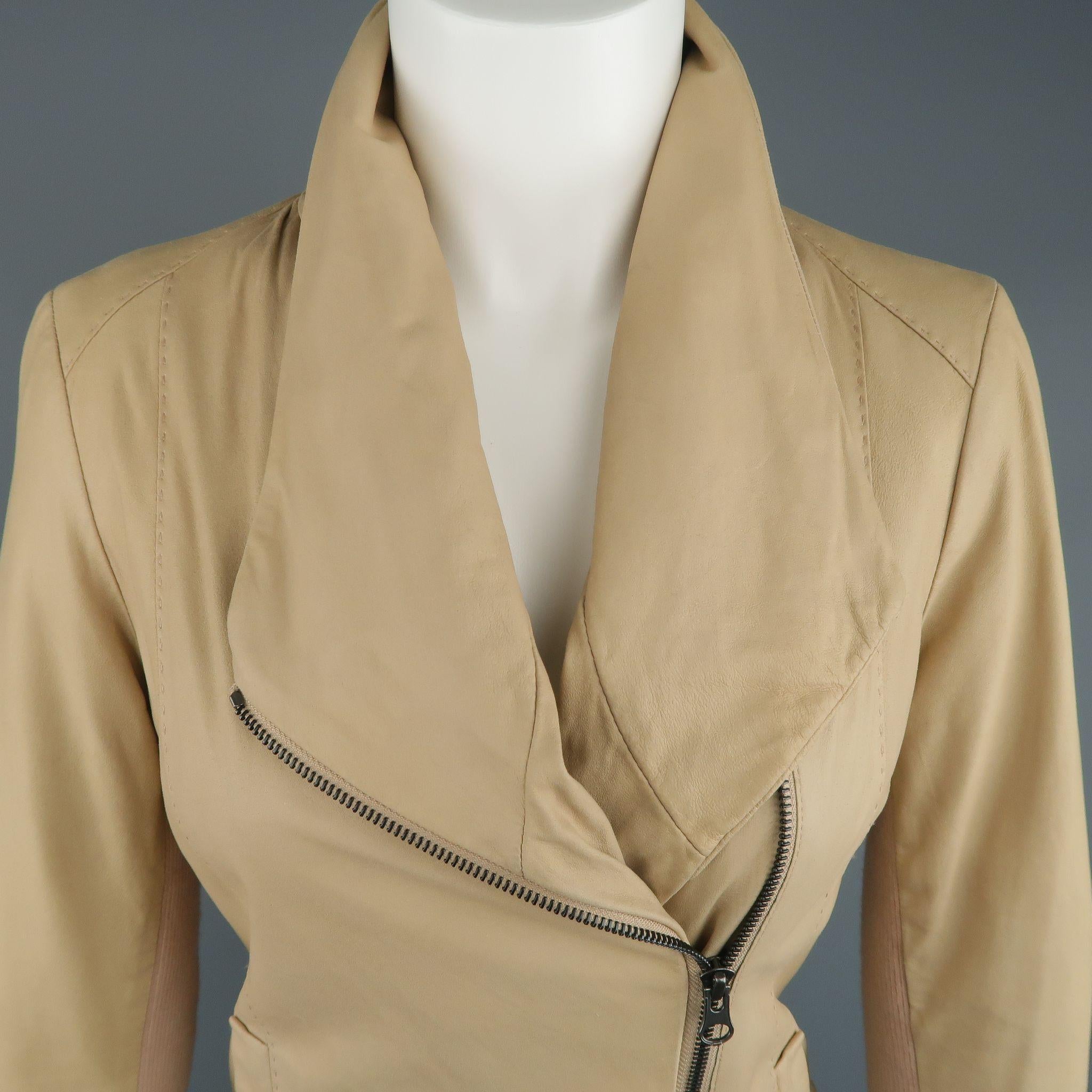 VINCE Size M Beige Leather Ribbed Panel Drape Biker Jacket In Good Condition In San Francisco, CA