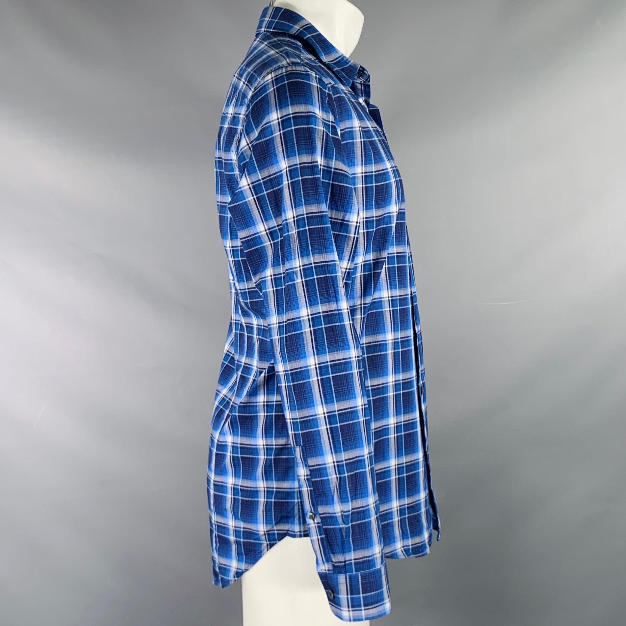 VINCE long sleeve shirt in a navy and white woven fabric featuring a plaid pattern, spread collar, and button closure.Excellent Pre-Owned Condition. Fabric tags removed. 

Marked:   M 

Measurements: 
 
Shoulder: 16.5 inches Chest: 39 inches Sleeve: