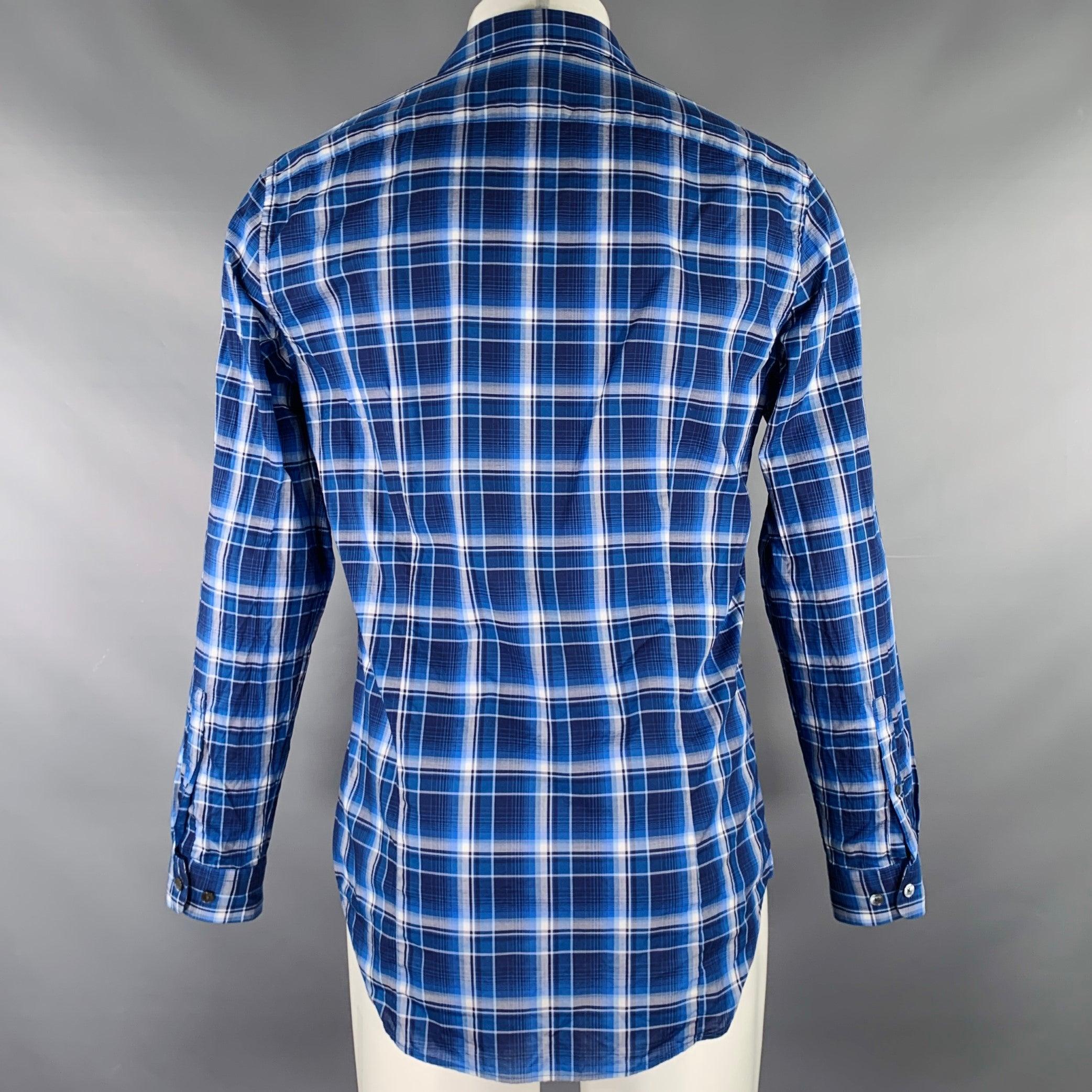 Blue VINCE Size M Navy White Plaid Long Sleeve Shirt For Sale