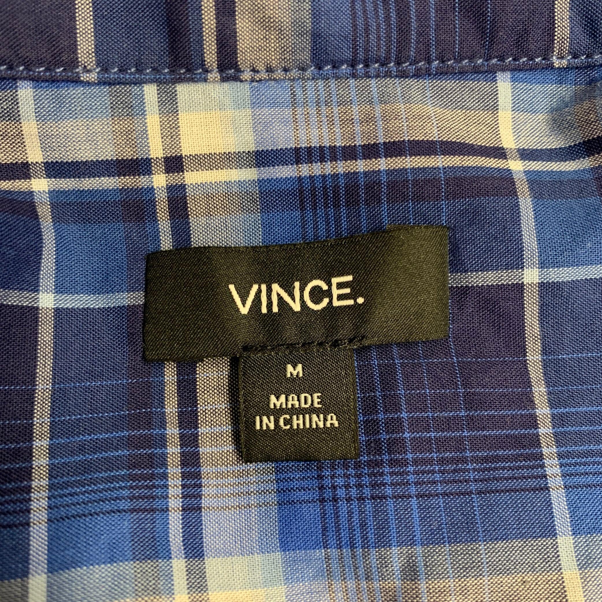 VINCE Size M Navy White Plaid Long Sleeve Shirt In Excellent Condition For Sale In San Francisco, CA