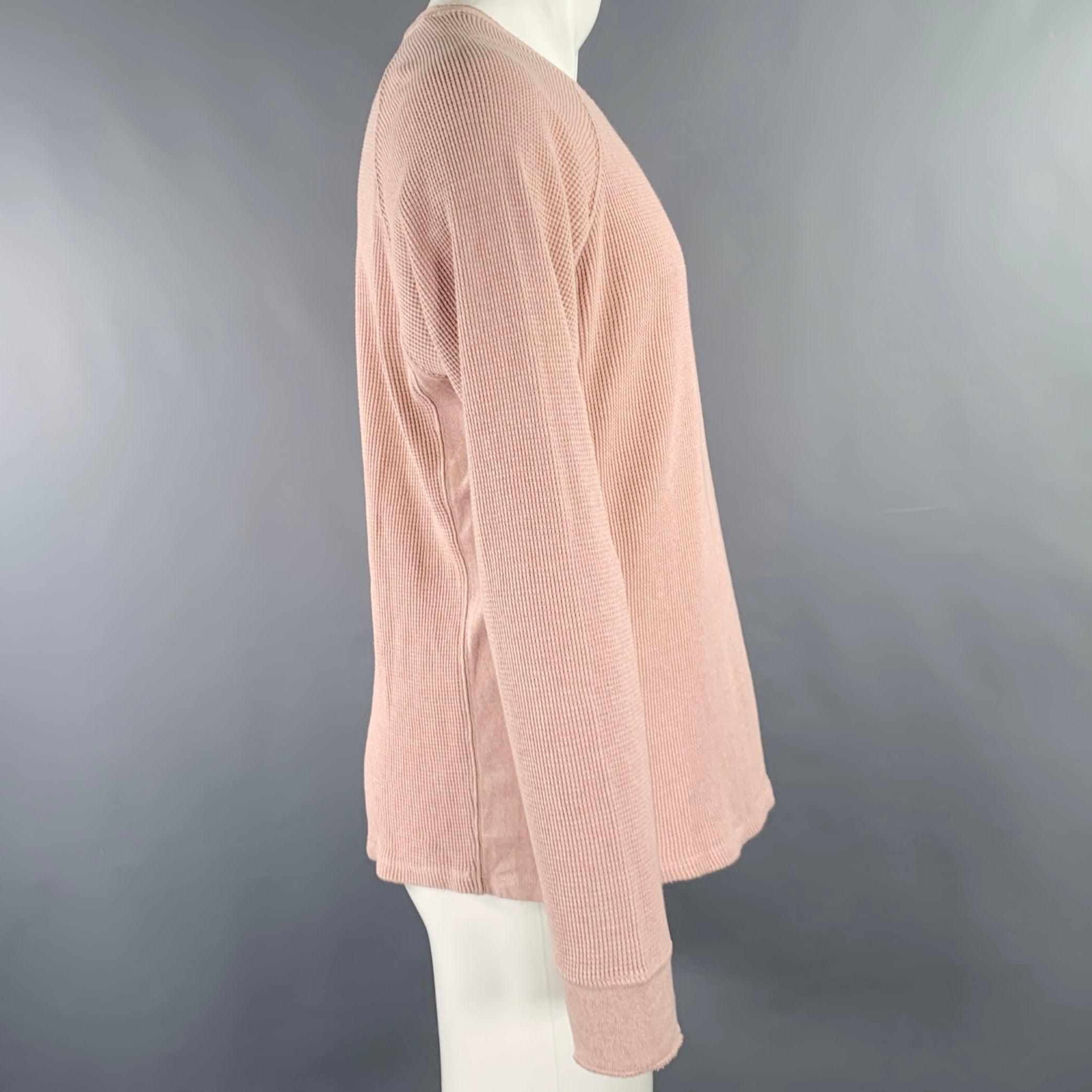 VINCE pullover
in a pink pima cotton knit featuring a waffle knit design, long sleeves, and crew neck.Excellent Pre-Owned Condition. 

Marked:   M 

Measurements: 
 
Shoulder: 17.5 inches Chest: 45 inches Sleeve: 26 inches Length: 25.5 inches 
  
 