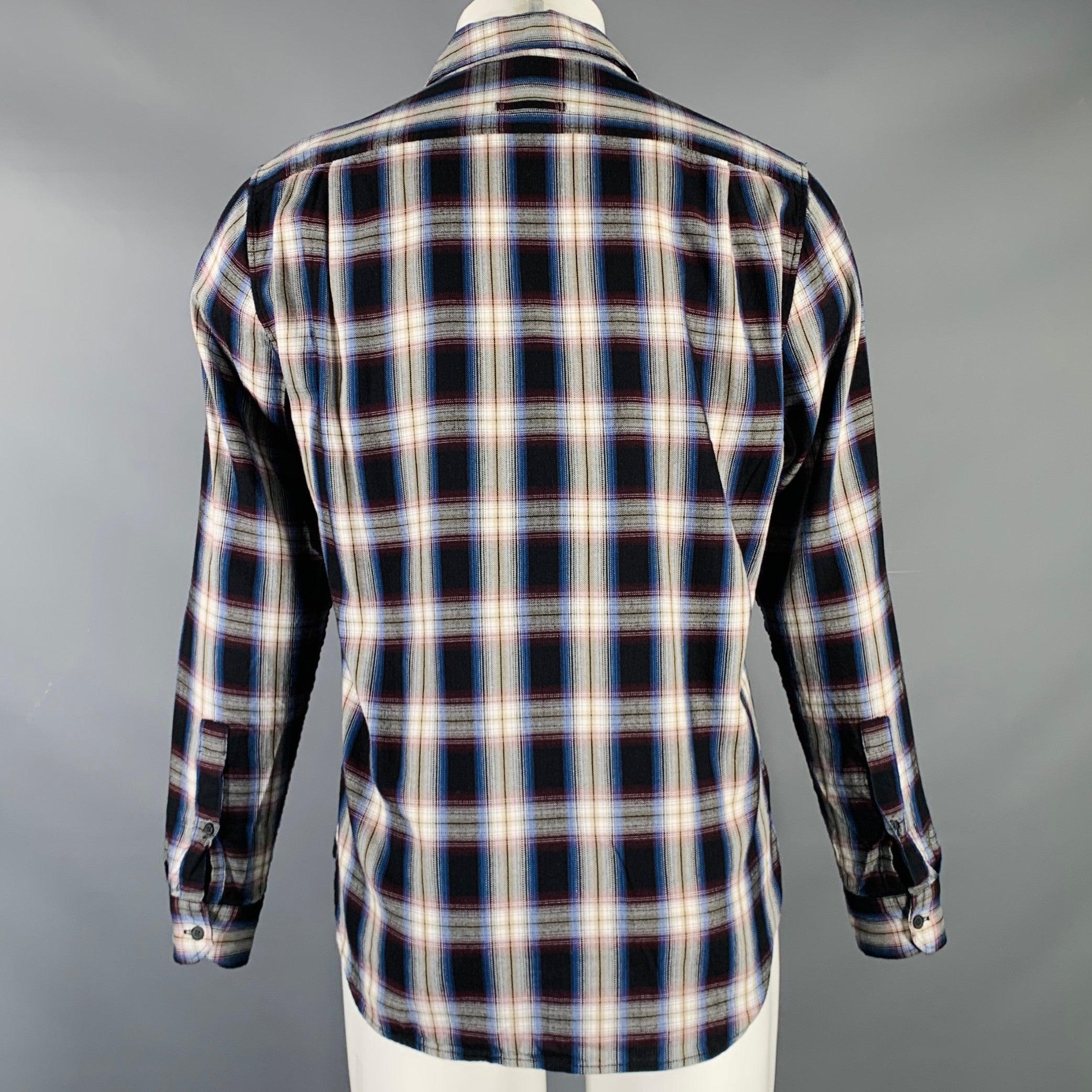 Men's VINCE Size S Black Red Plaid Cotton Blend Spread Collar Long Sleeve Shirt For Sale