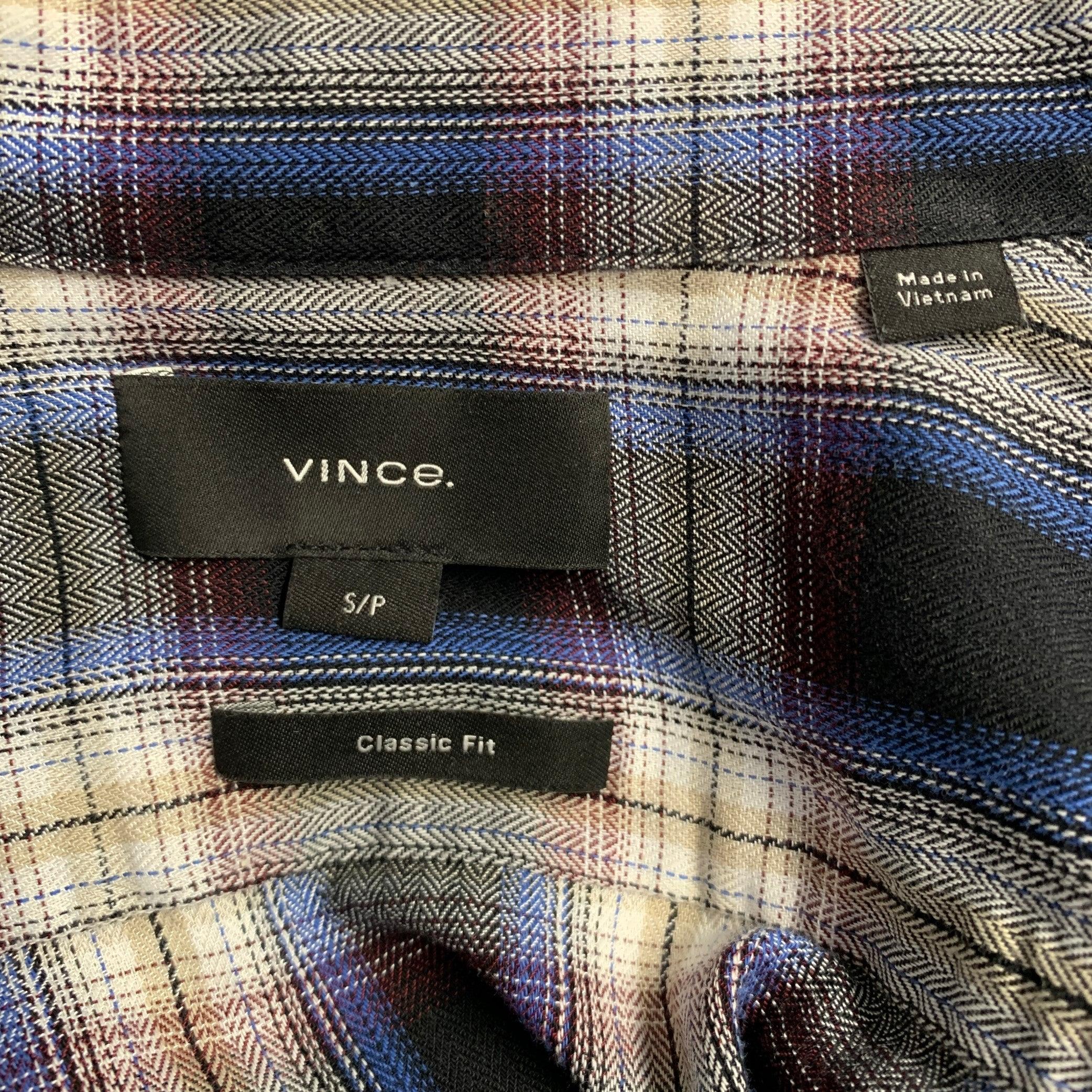 VINCE Size S Black Red Plaid Cotton Blend Spread Collar Long Sleeve Shirt For Sale 1