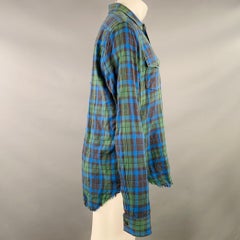 Camisa de manga larga VINCE, talla S, de mezcla de algodón, con estampado de cuadros verdes y azules y bordes sin rematar