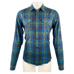 Camisa de manga larga VINCE, talla S, de mezcla de algodón, con estampado de cuadros verdes y azules y bordes sin rematar