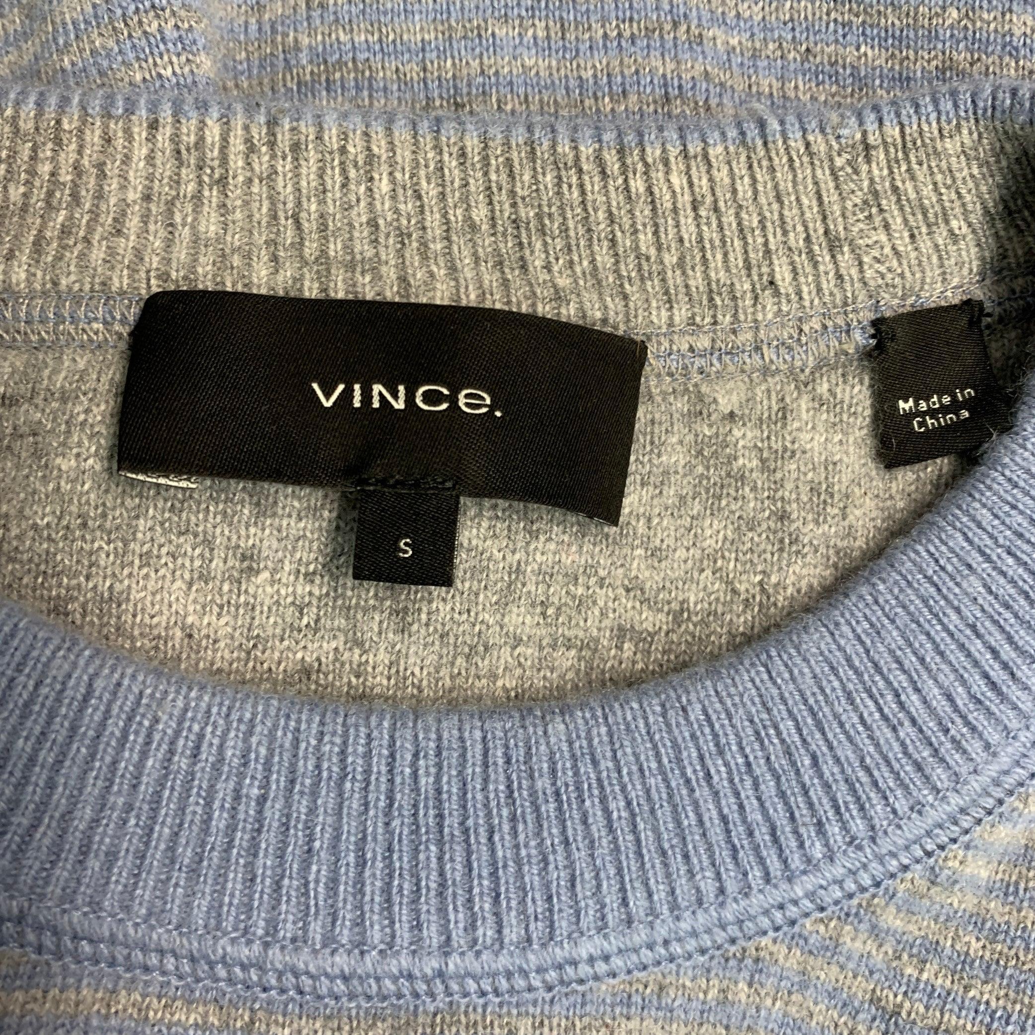 VINCE Size S Light Blue Grey Stripe Cashmere Crew Neck Pullover In Excellent Condition In San Francisco, CA
