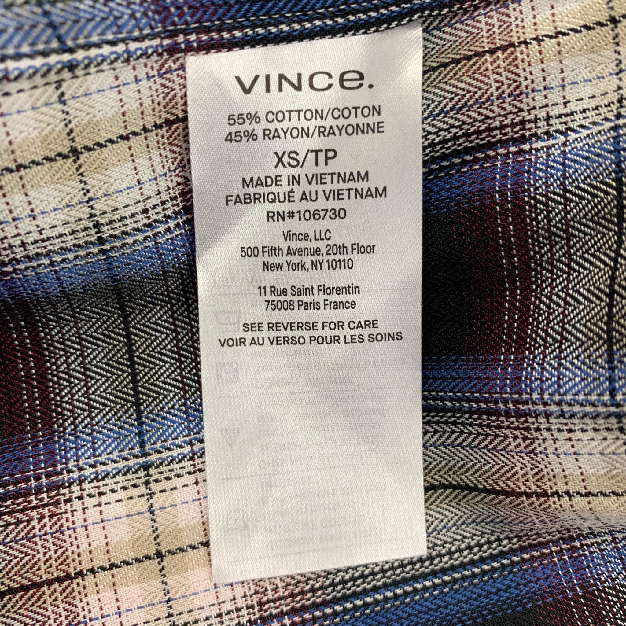 Men's VINCE Size XS Black Multi-Color Plaid Cotton Rayon Long Sleeve Shirt For Sale