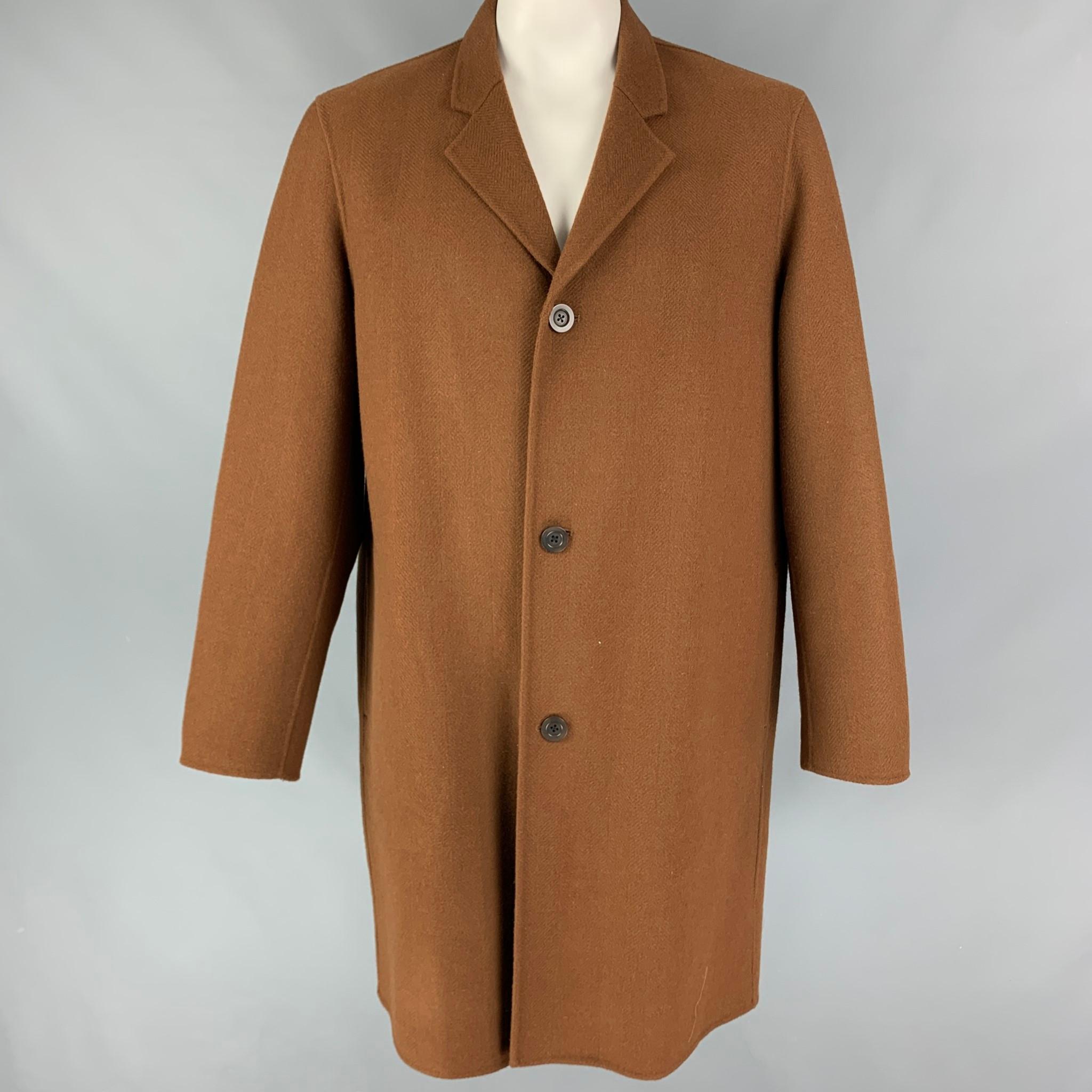 VINCE Size XL Brown Herringbone Wool Cashmere Notch Lapel Coat For Sale