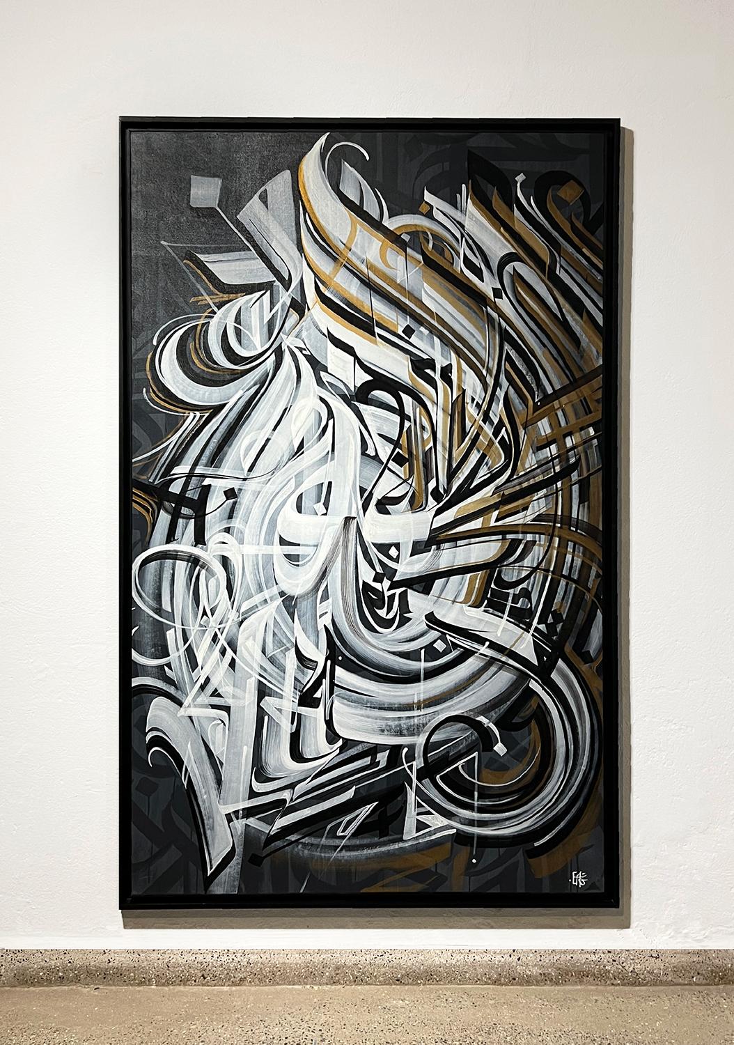 Calligraphie abstraite.
Technique mixte sur toile.
Cadre extérieur noir.
Dimensions du cadre : 196x126x5cm.
Signature au dos.