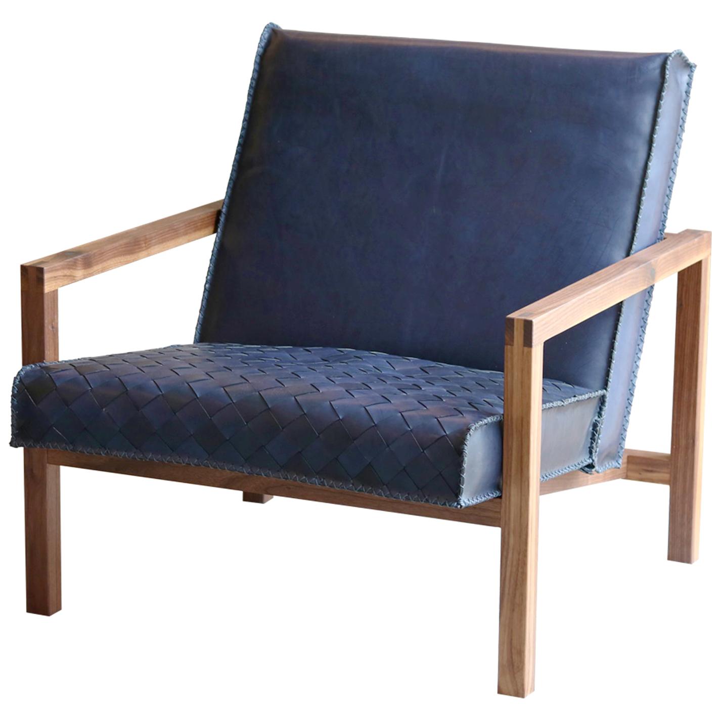 Vincent Braided Navy Blue Leather Lounge Chair With Walnut Frame