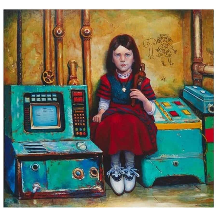 Very moving painting of this little girl with her very special shoes and a monkey wrench resting on her shoulder, sitting in the middle of these old computers or so, while dreaming of being the little girl with her doll that she drew on the wall!