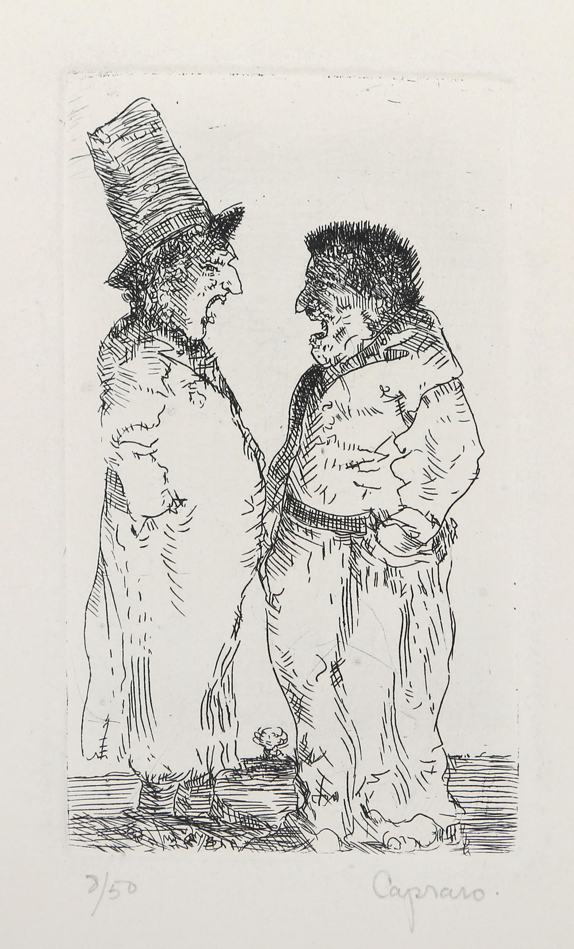 Vincent Capraro (1929 - 2016) - Two Men Arguing, Year:  circa 1968, Medium:  Etching, signed and numbered in pencil, Edition:  8/50, Image Size:  5 x 3 inches, Size:  11.5 x 8 in. (29.21 x 20.32 cm) 