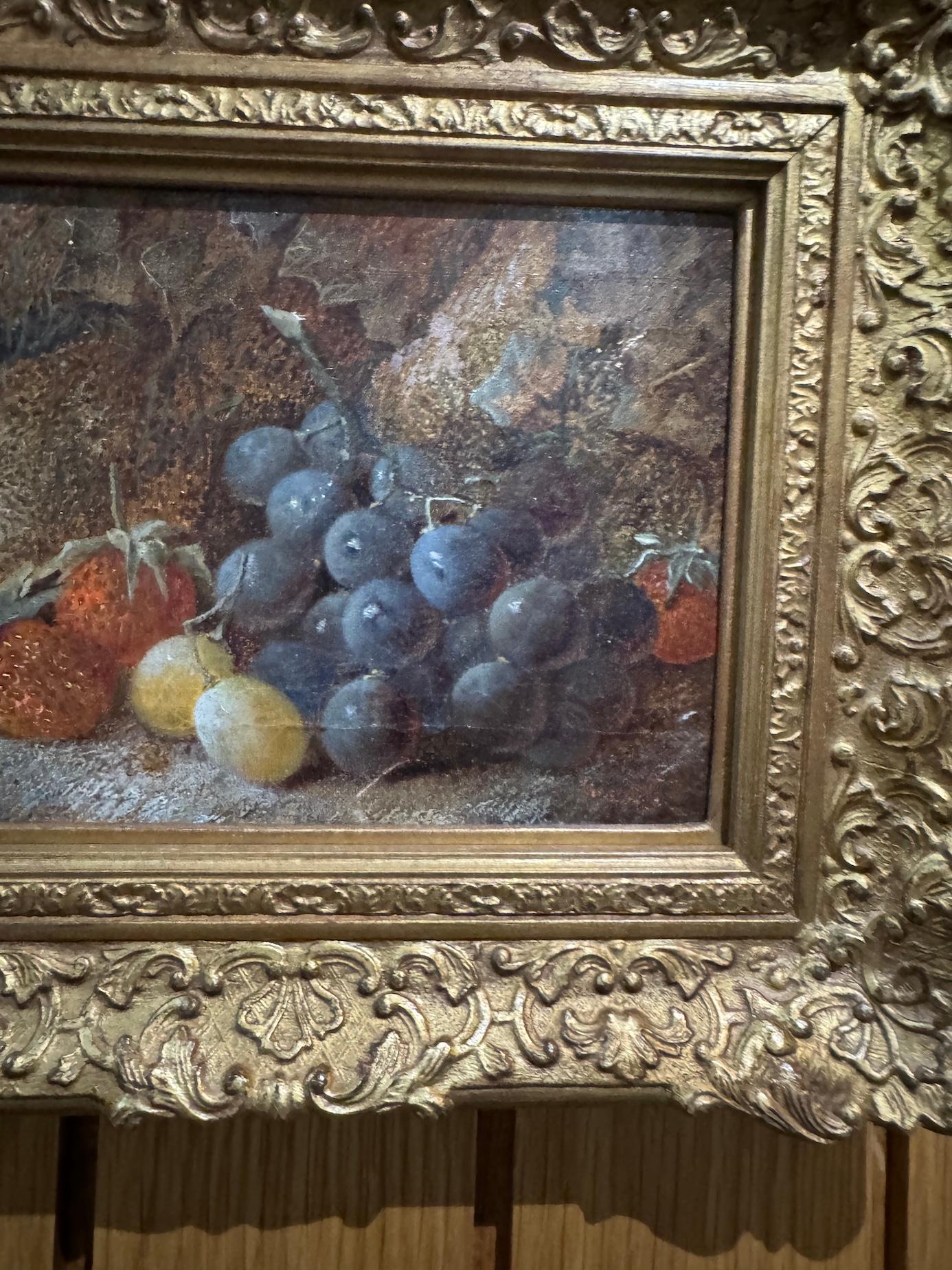 19th century English still life of fruit on a mossy bank landscape - Victorian Painting by Vincent Clare
