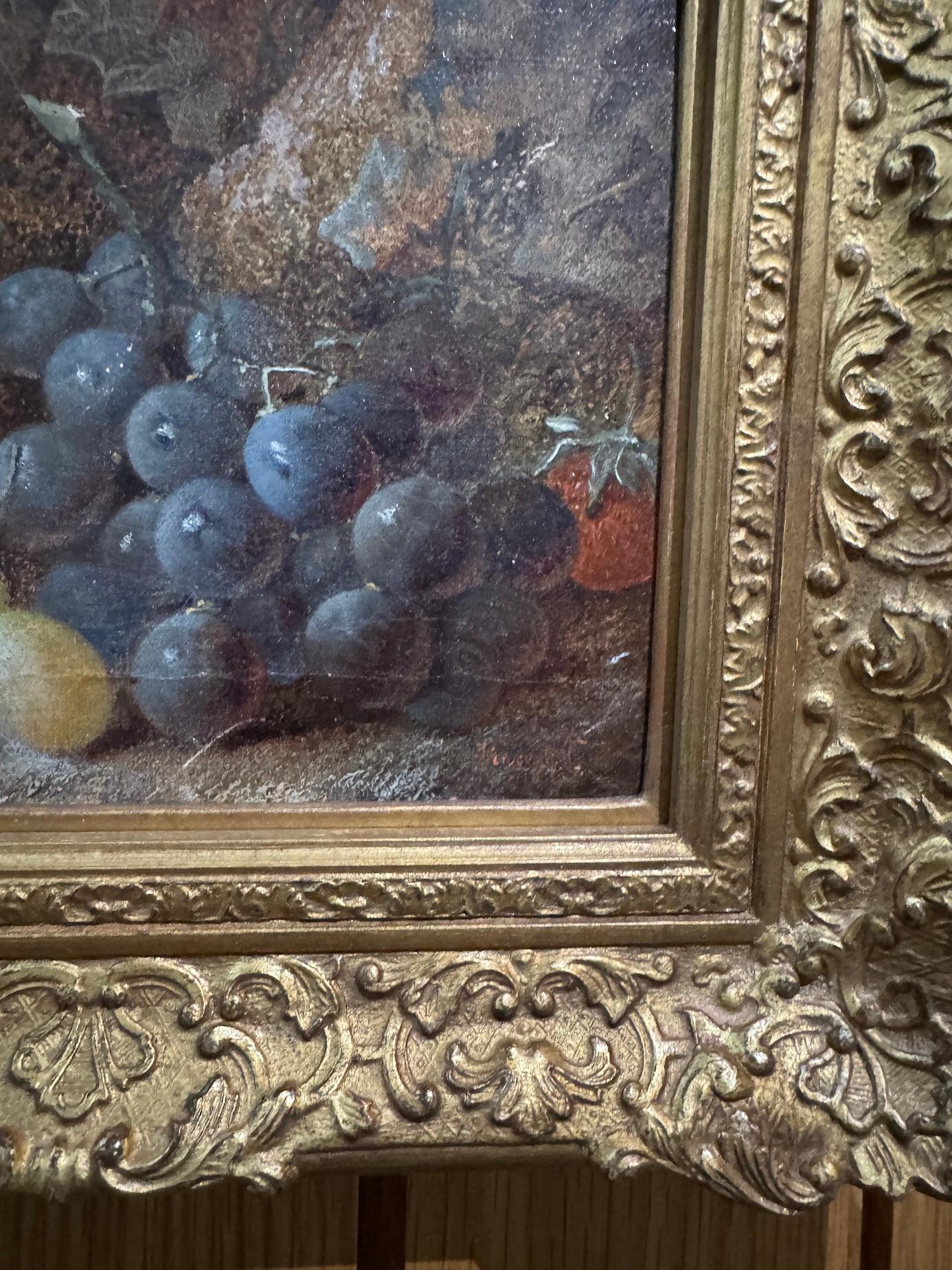 19th century English still life of fruit on a mossy bank landscape - Gray Landscape Painting by Vincent Clare