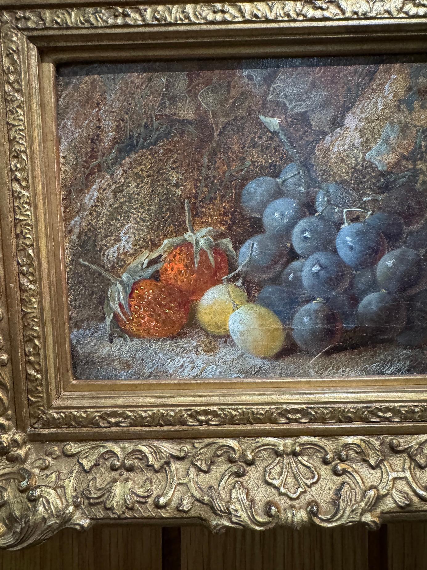 Vincent Clare (British, 1855–1930)
Still Life of Fruit on a Mossy Bank
Oil on canvas, signed lower right
Circa 1870
Presented in a richly carved and gilded 19th-century style frame

This jewel-like still life by Vincent Clare, one of the most