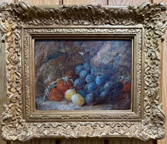 Antique 19th century English still life of fruit on a mossy bank landscape