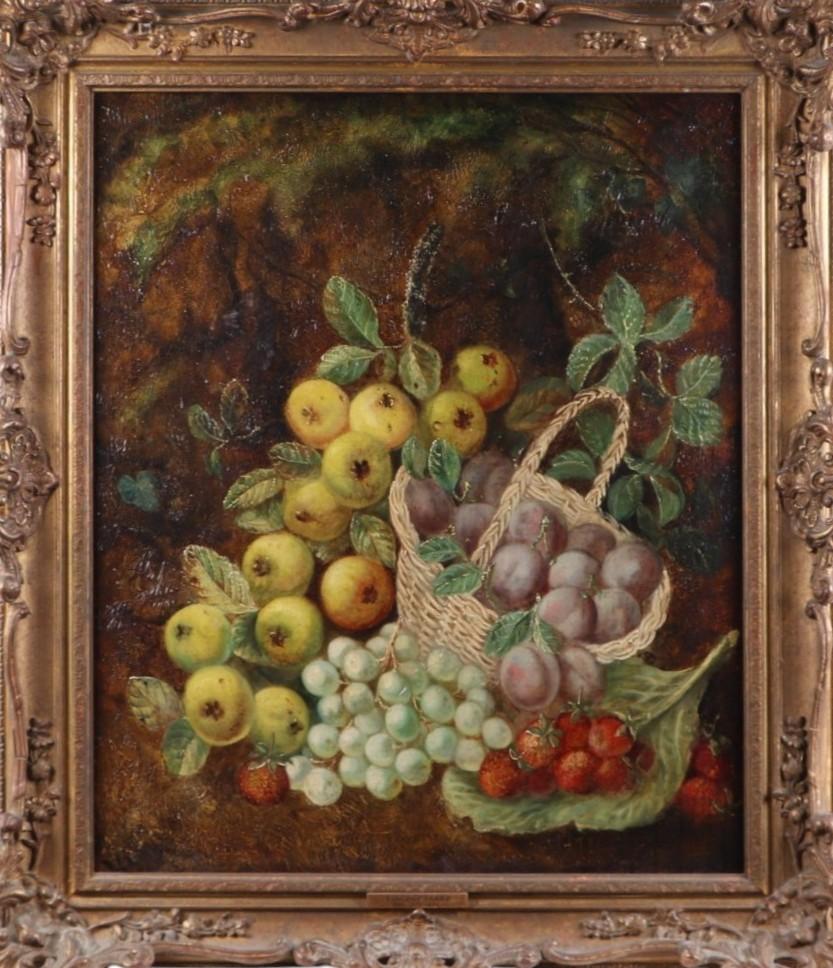 Une nature morte représentant des fruits et des pommes sur une rive moussue, peinture originale de l'époque victorienne.