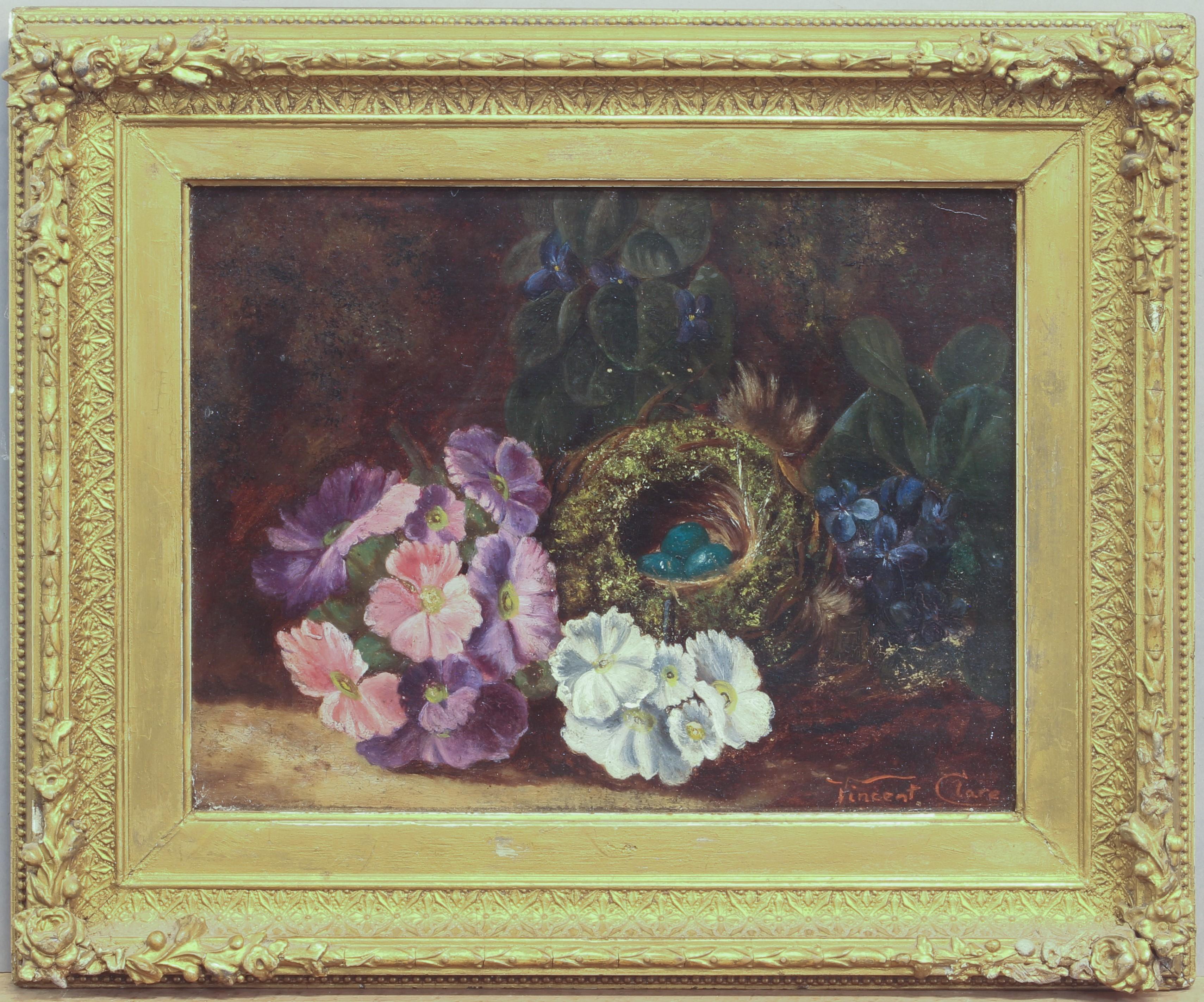 Arte vintage victoriano de Vincent Clare - Composición al óleo con flores y un nido
