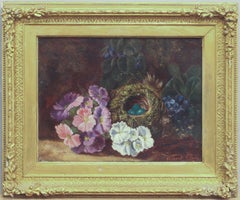 Arte vintage victoriano de Vincent Clare - Composición al óleo con flores y un nido